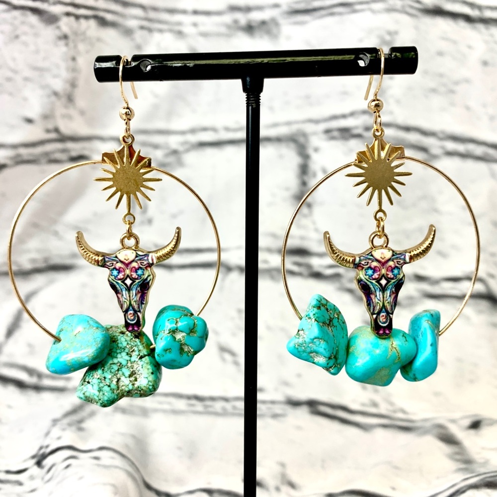 Turquoise Nugget Gold Hoop Earrings with Cow Skull